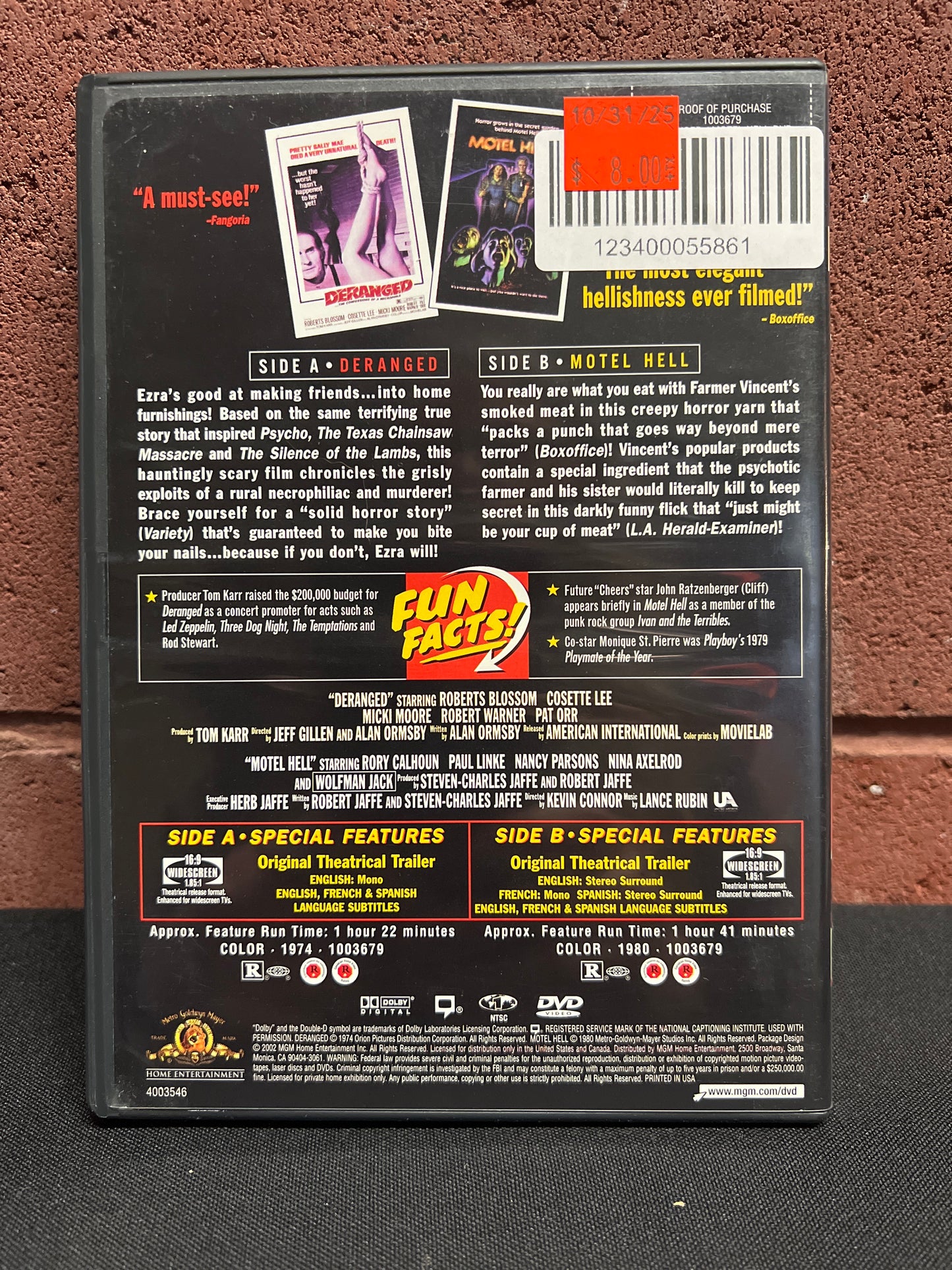 Used DVD: Deranged / Motel Hell DVD