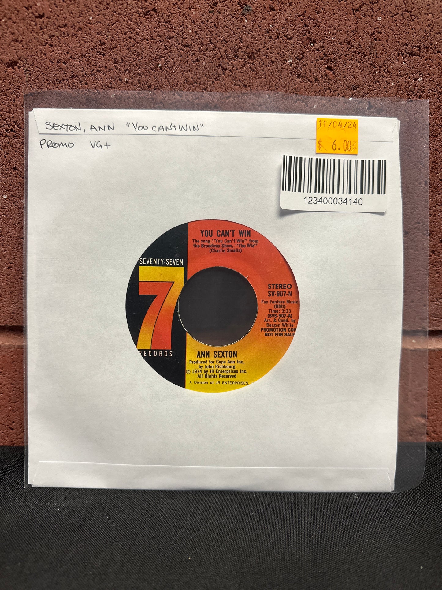 Used Vinyl: Ann Sexton "You Can't Win" 7" (Promo)