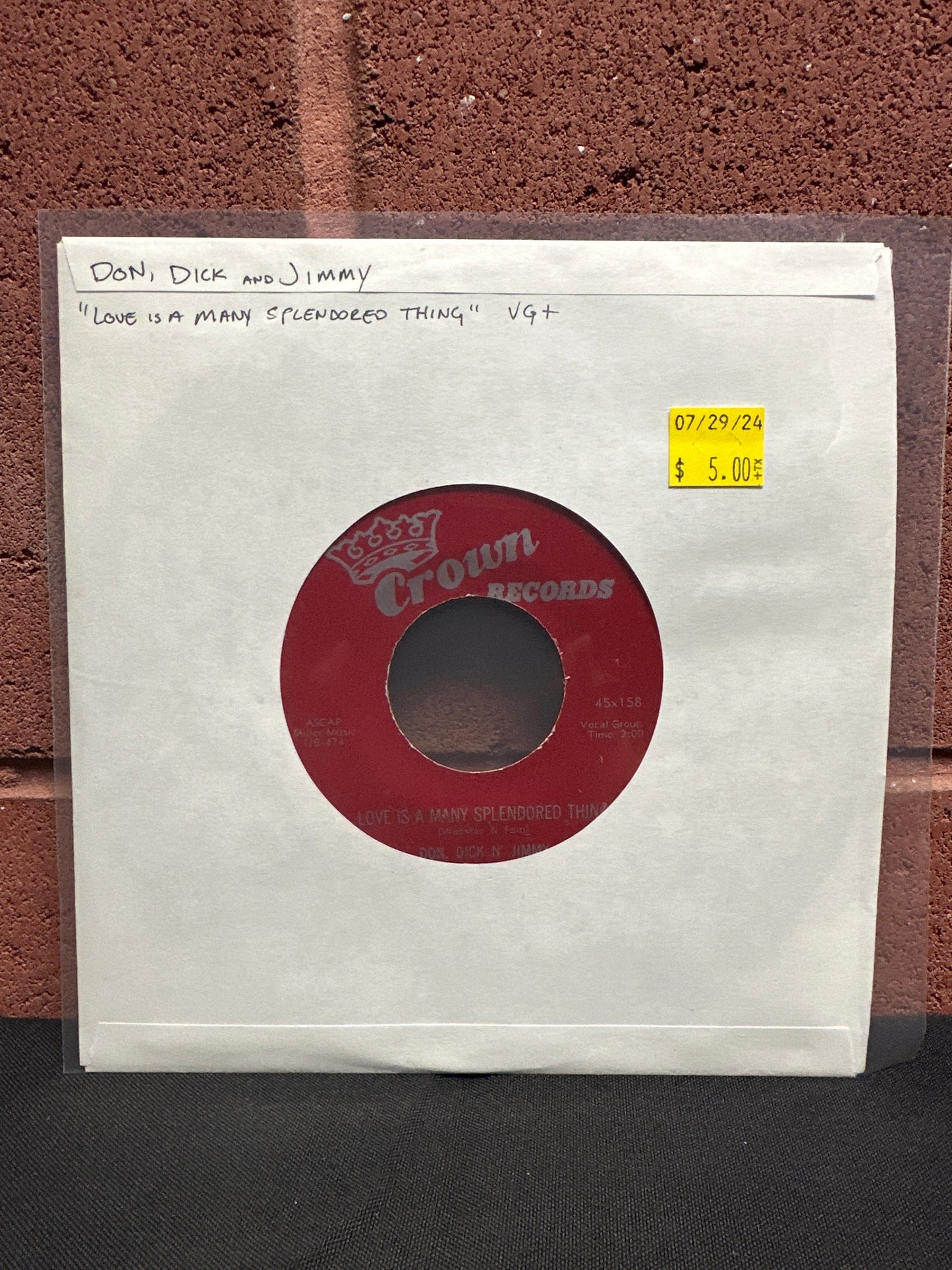 Used Vinyl: Don, Dick & Jimmy "Love Is A Many Splendored Thing" 7"