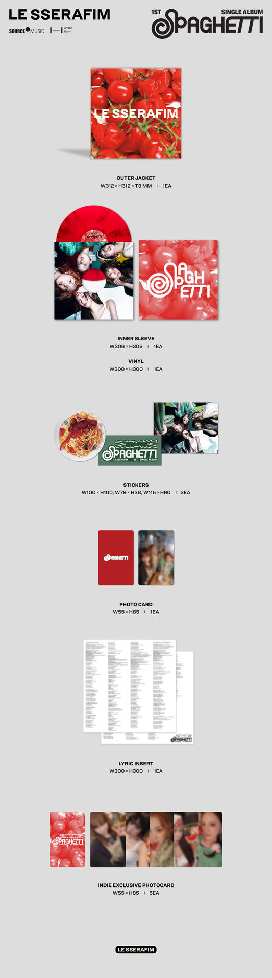 PRE-ORDER: LE SSERAFIM "1st Single Album "SPAGHETTI"" 12" (Indie Exclusive Tomato Red Vinyl, Exclusive Stickers + 5pc Photocard Set)