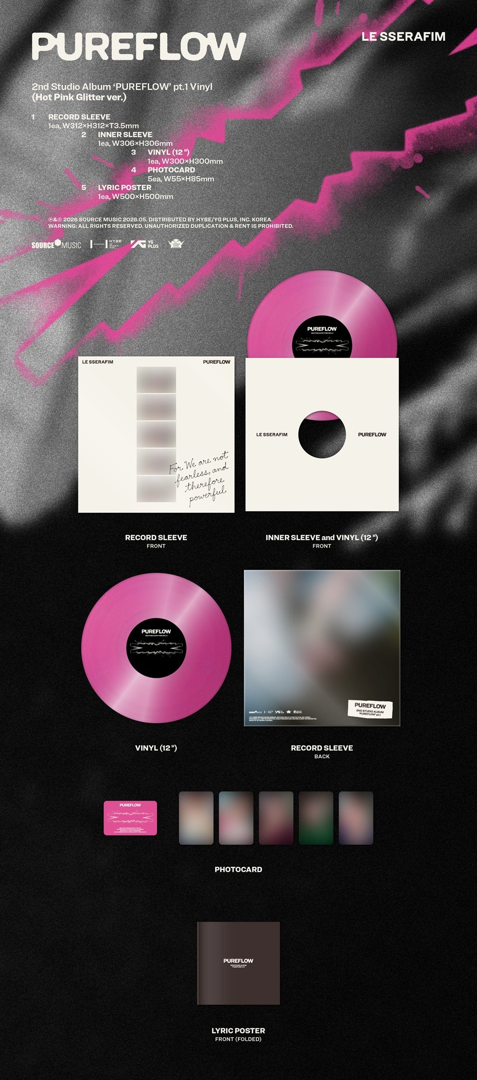 PRE-ORDER: LE SSERAFIM "2nd Studio Album ‘PUREFLOW’ pt.1 Vinyl" LP (Hot Pink Glitter Vinyl)