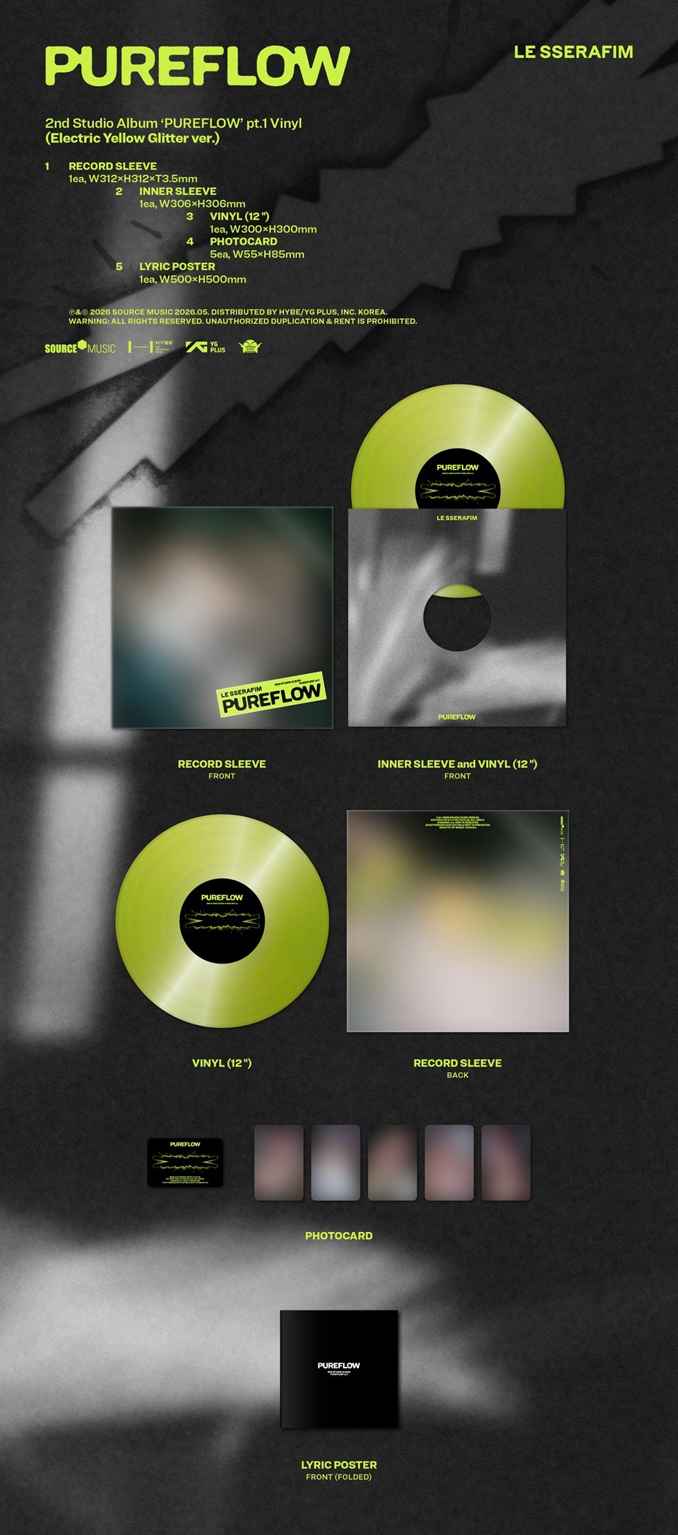 PRE-ORDER: LE SSERAFIM "2nd Studio Album ‘PUREFLOW’ pt.1 Vinyl" LP (Electric Yellow Glitter Vinyl)