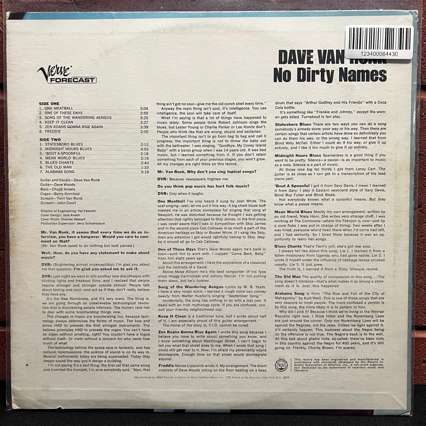 Used Vinyl: Dave Van Ronk "No Dirty Names" LP (1966 Press)