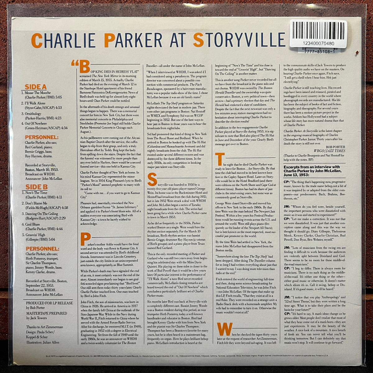 Used Vinyl: Charlie Parker "At Storyville" LP (1985 Press)