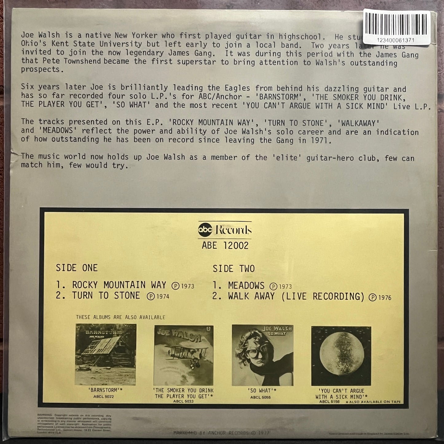 Used Vinyl: Joe Walsh "Four Tracks From Joe Walsh" 12" (1977 UK Press)