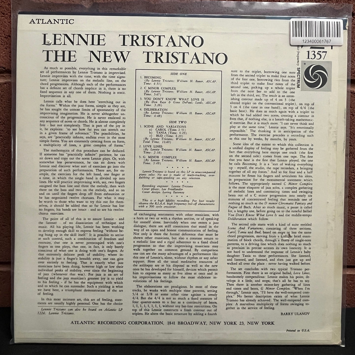 Used Vinyl: Lennie Tristano "The New Tristano" LP (1962 Mono Press)