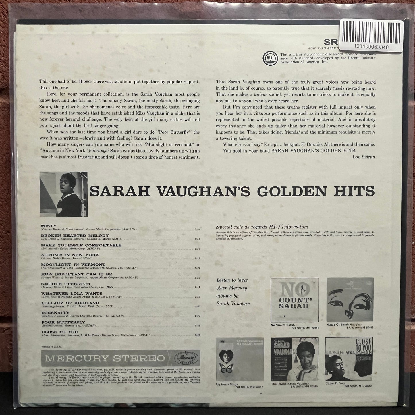 Used Vinyl: Sarah Vaughan "Sarah Vaughan's Golden Hits" LP (1961 Press)