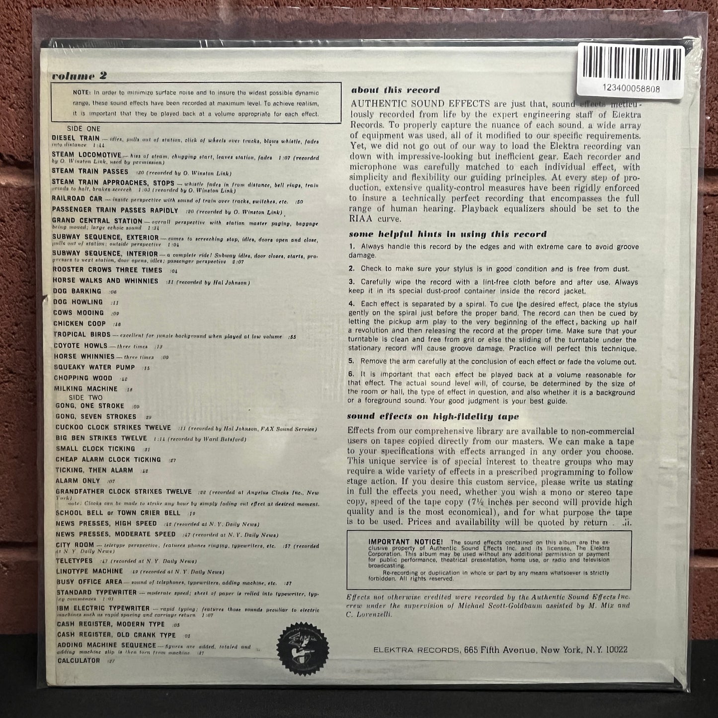 Used Vinyl: Jac Holzman "Authentic Sound Effects Volume 2" LP