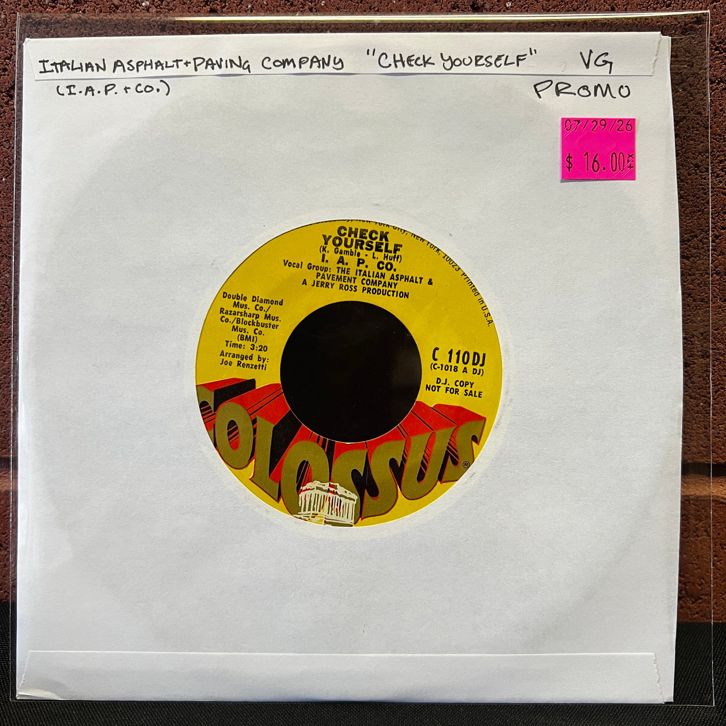 Used Vinyl: Italian Asphalt and Paving Company (I.A.P. Co) "Check yourself" 7" (Promo)