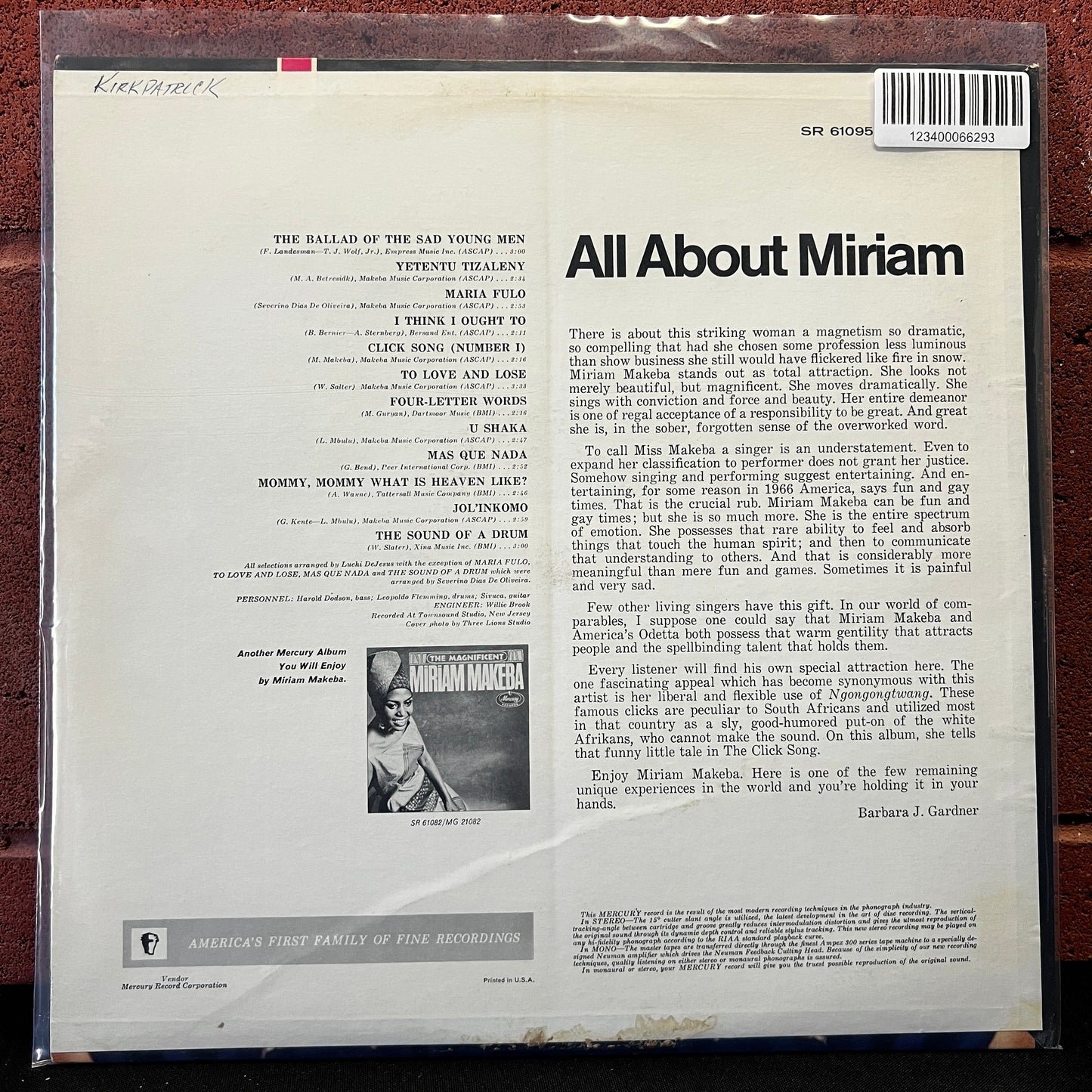 Used Vinyl: Miriam Makeba ‎"All About Miriam" LP (1966 Press)