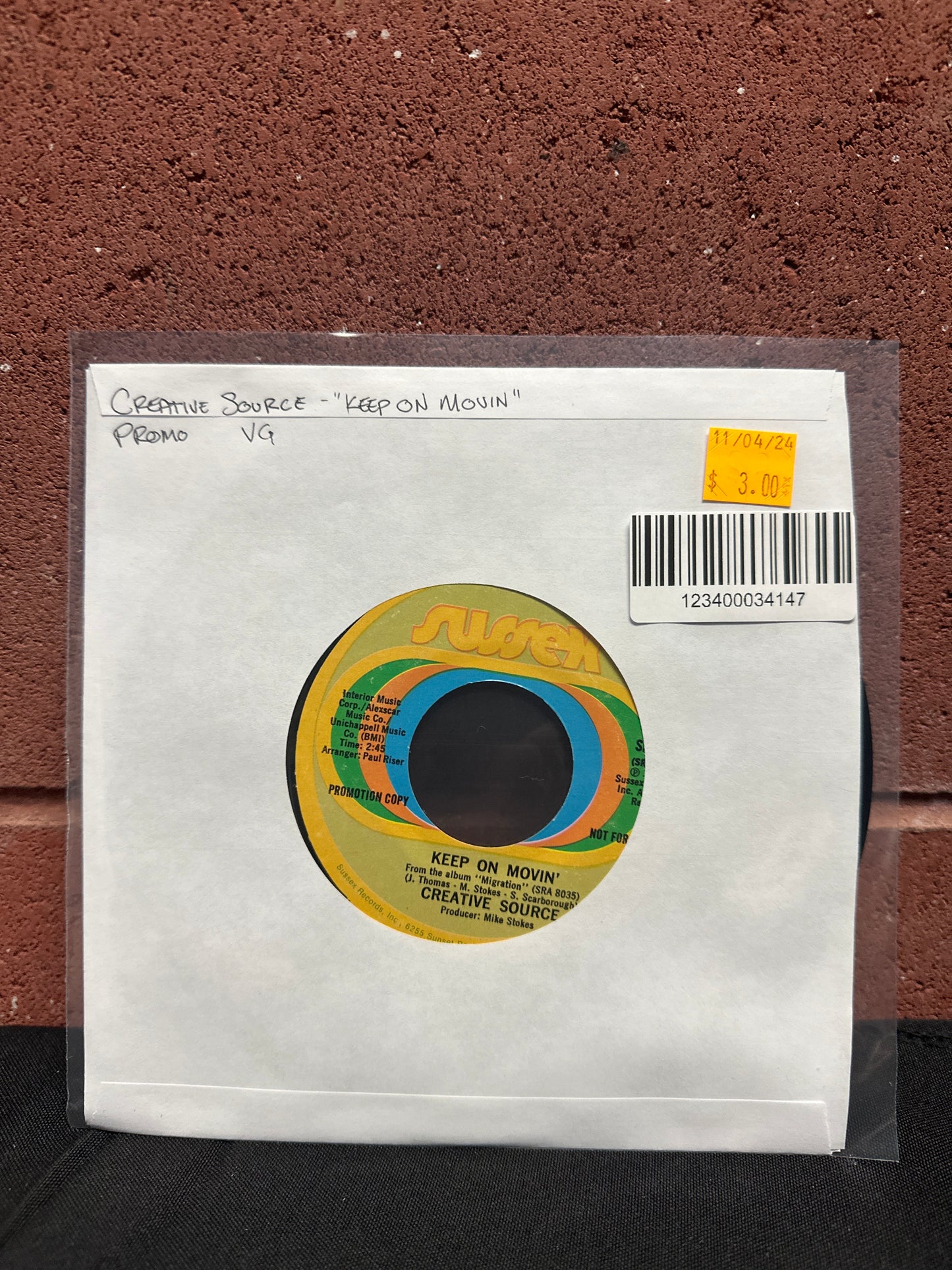 Used Vinyl:  Creative Source ”Keep On Movin' / I Just Can't See Myself Without You” 7" (Promo)