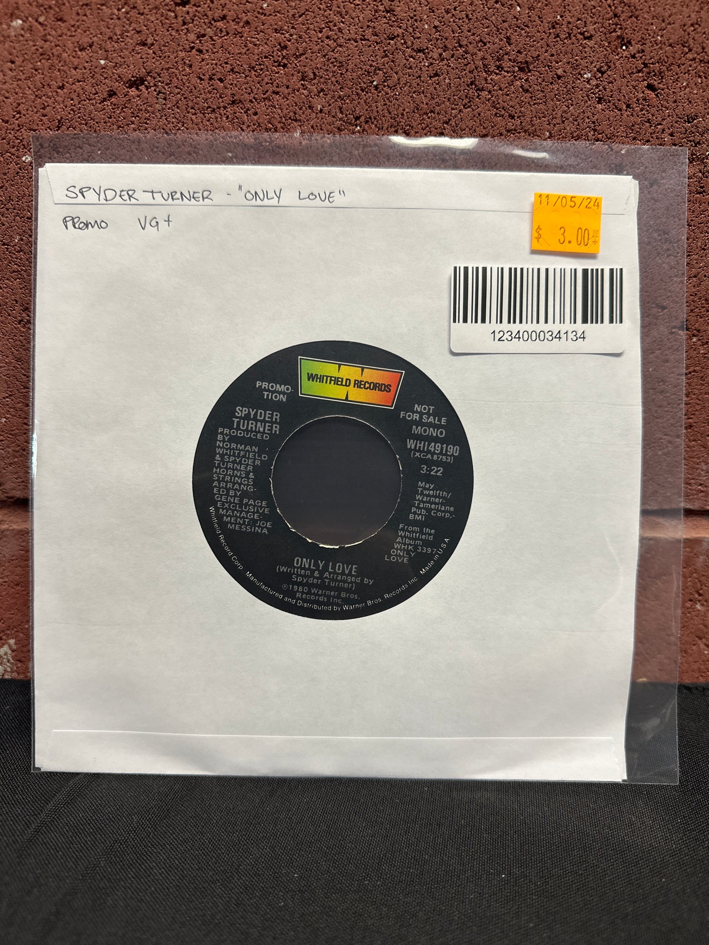 Used Vinyl:  Spyder Turner ”Only Love” 7" (Promo)