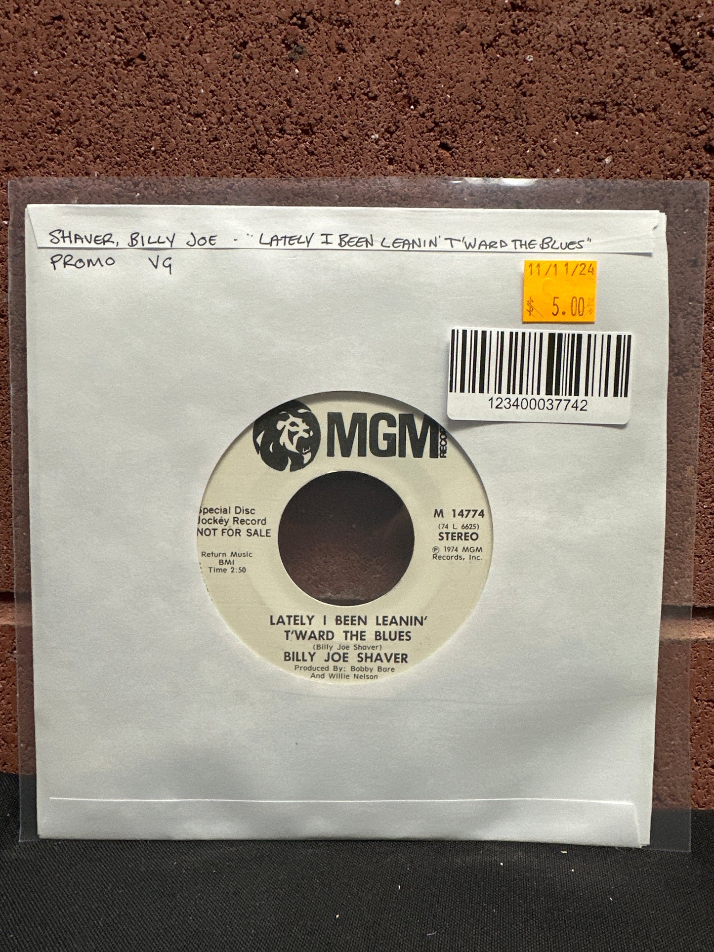 Used Vinyl:  Billy Joe Shaver ”Lately I Been Leanin' T'ward The Blues” 7" (Promo)