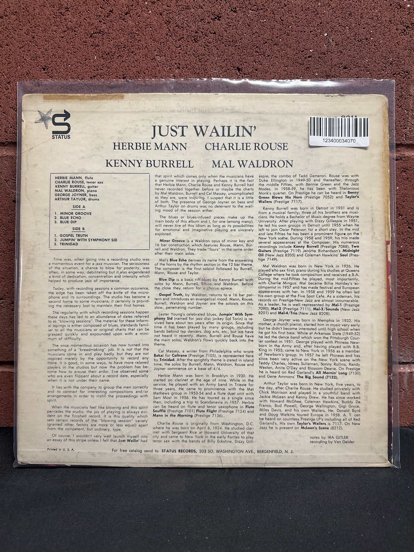 Used Vinyl:  Herbie Mann, Charlie Rouse, Kenny Burrell, Mal Waldron ”Just Wailin'” LP