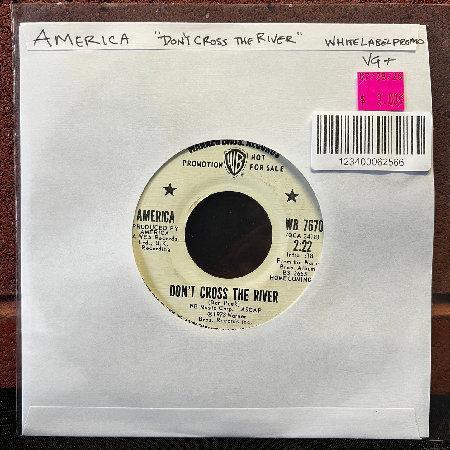 Used Vinyl: America "Don't Cross The River" 7" (White Label Promo)
