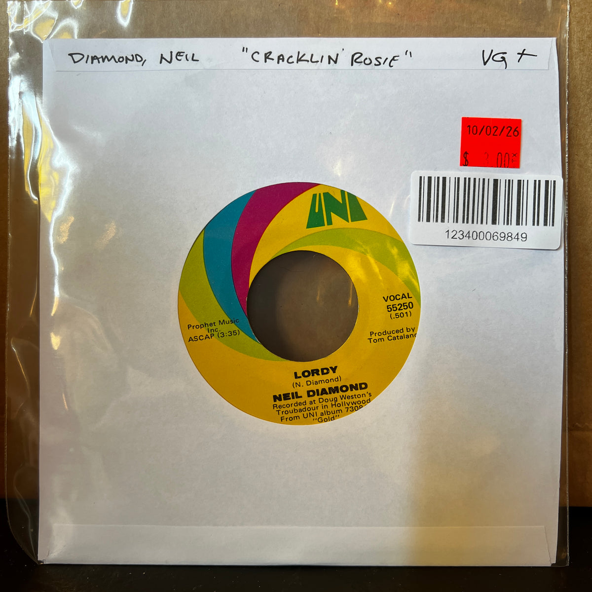 Used Vinyl: Neil Diamond "Cracklin' Rosie / Lordy" 7"