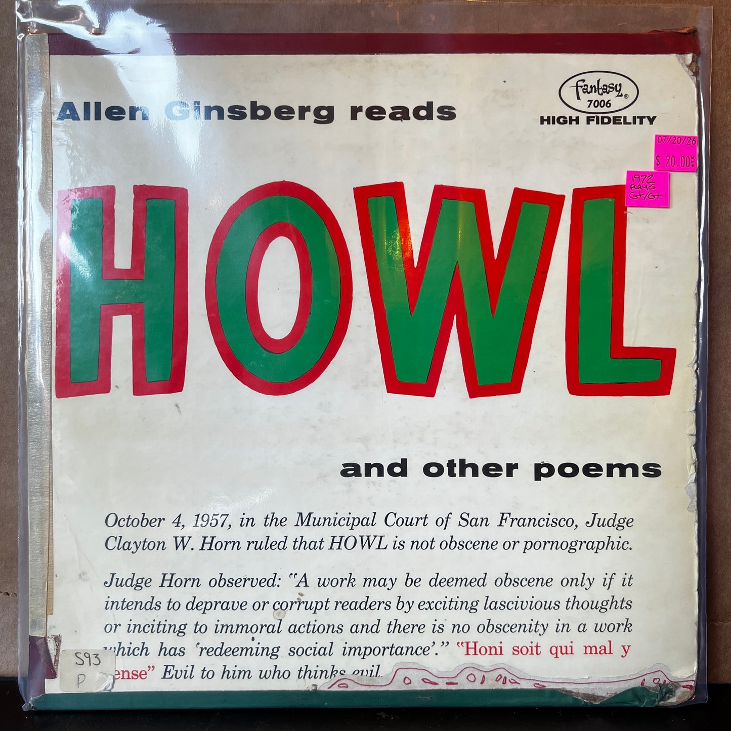 Used Vinyl: Allen Ginsberg "Howl And Other Poems" LP (1959 Press)