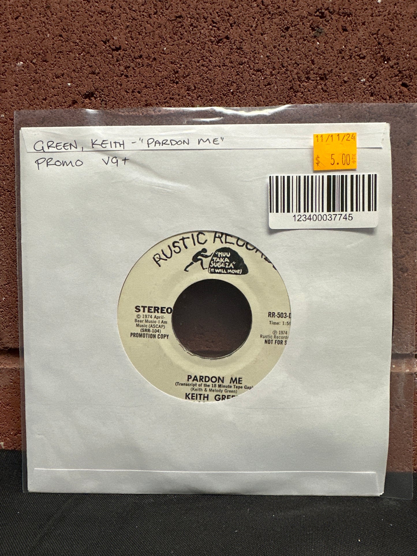 Used Vinyl:  Keith Green ”Pardon Me (Transcript Of The 18 Minute Tape Gap)” 7" (Promo)