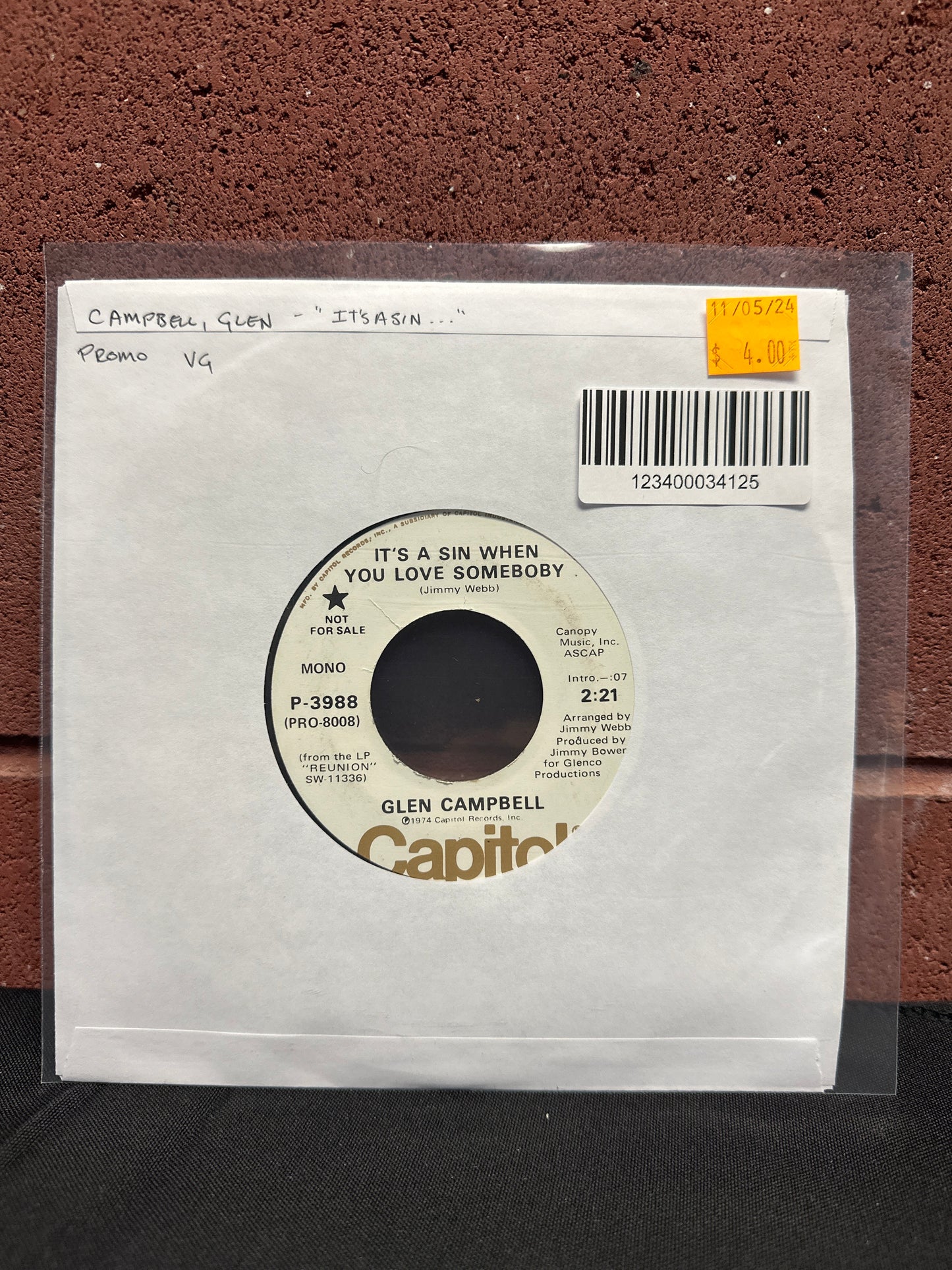 Used Vinyl:  Glen Campbell ” It's A Sin When You Love Somebody” 7" (Promo)