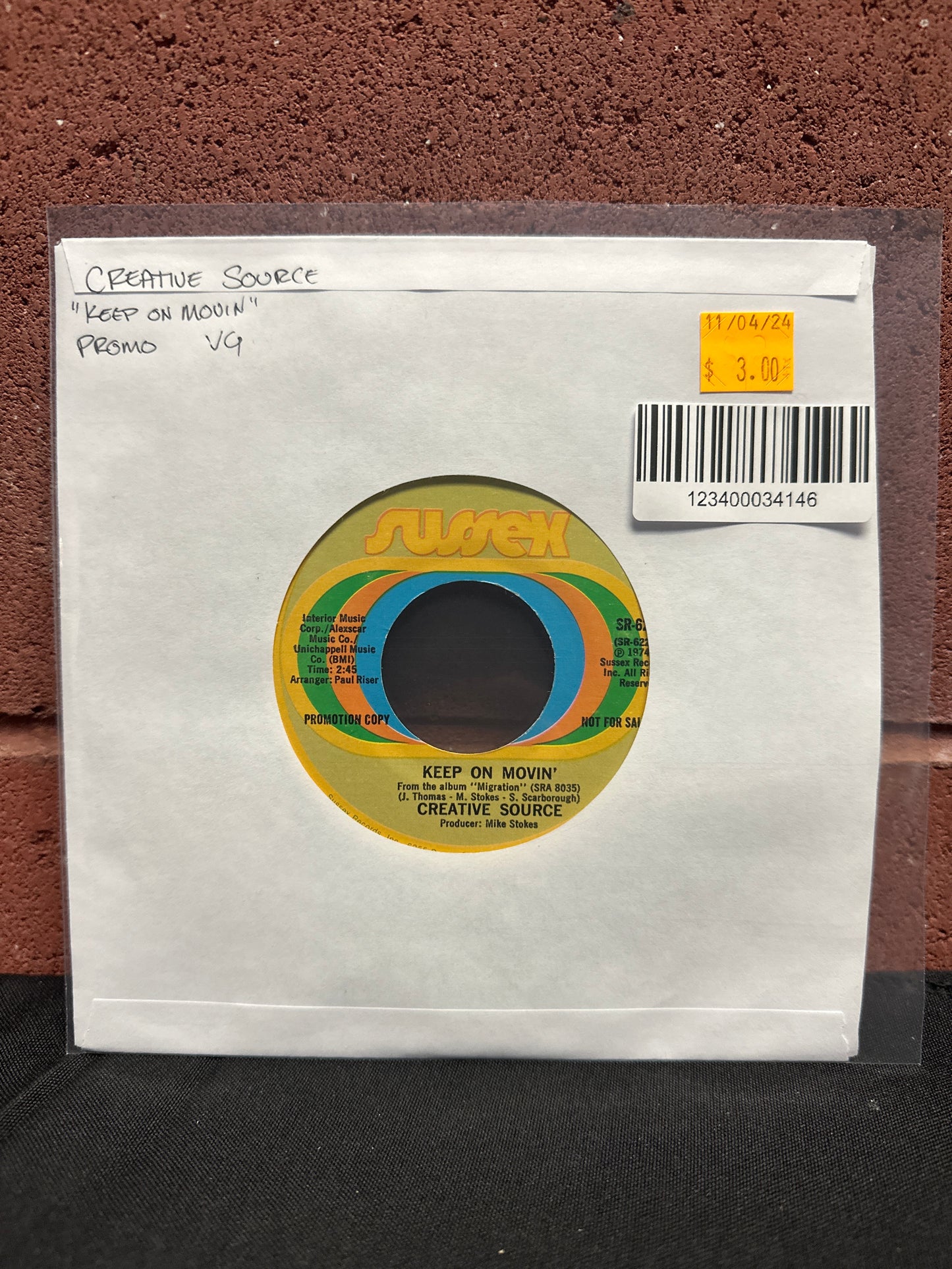 Used Vinyl:  Creative Source ”Keep On Movin' / I Just Can't See Myself Without You” 7" (Promo)