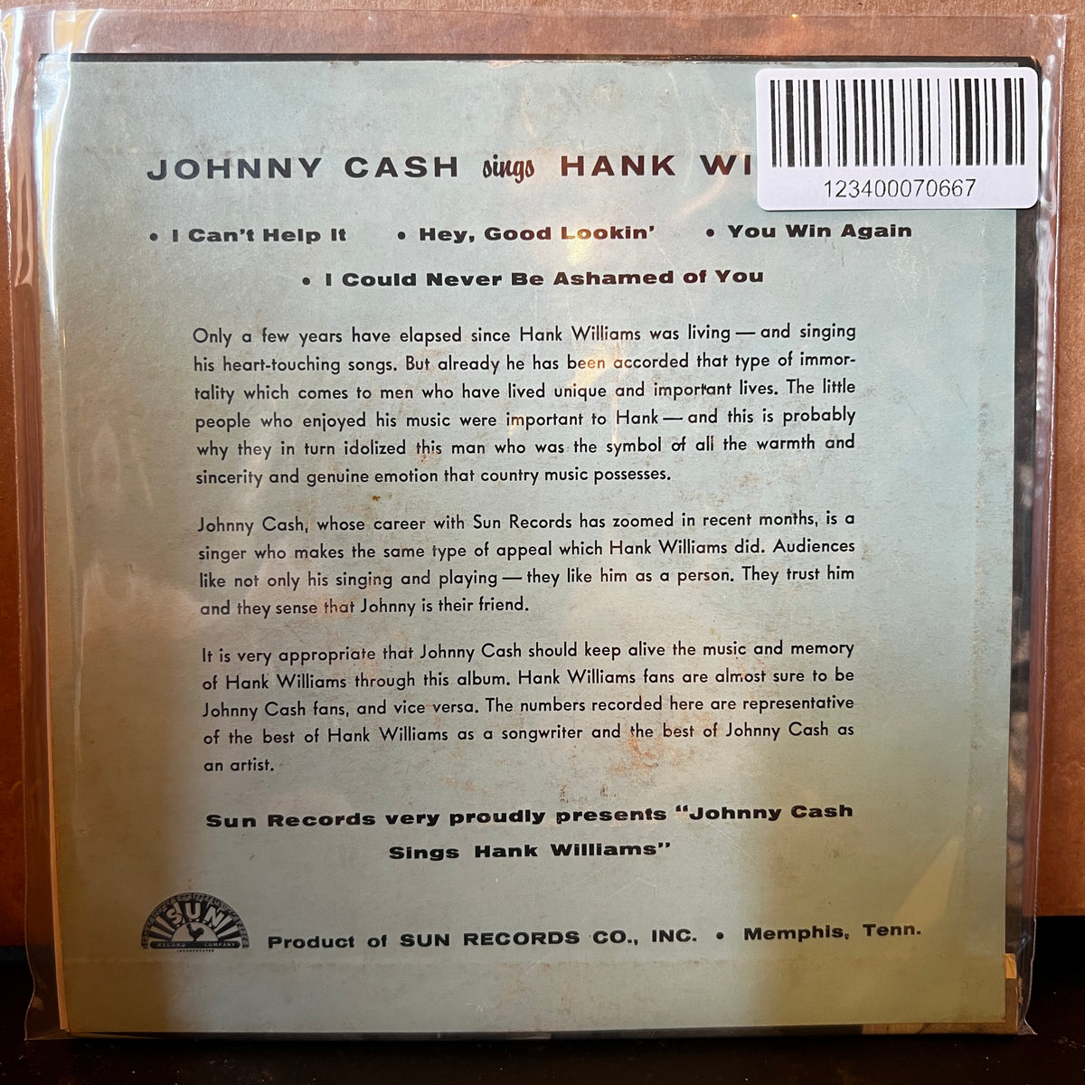 Used Vinyl: Johnny Cash ‎"Johnny Cash Sings Hank Williams" 7" (1958 Press)