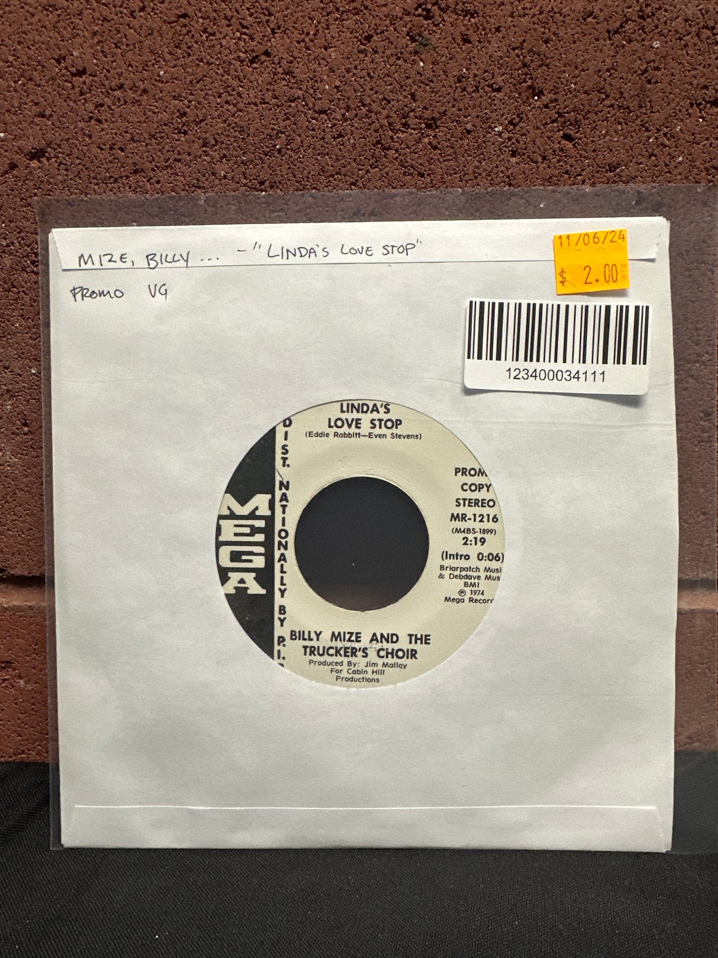 Used Vinyl:  Billy Mize ”Linda's Love Stop” 7" (Promo)