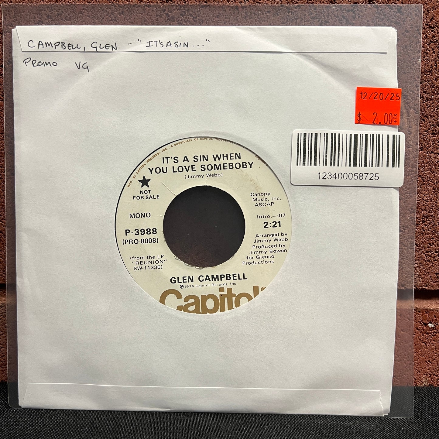 Used Vinyl: Glen Campbell " It's A Sin When You Love Somebody" 7" (Promo)