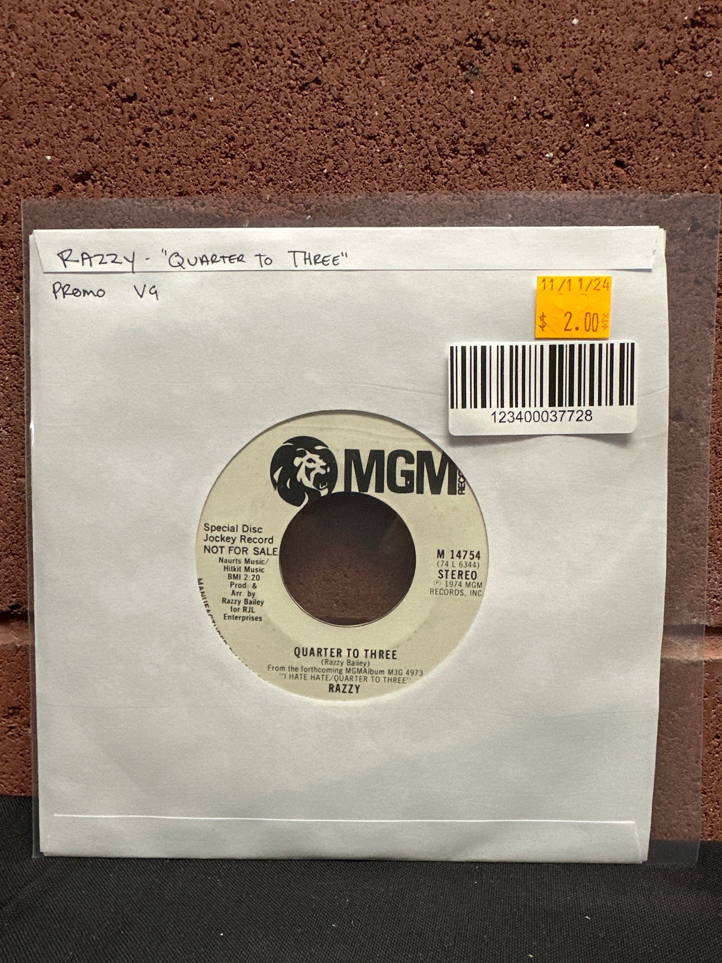 Used Vinyl:  Razzy Bailey ”Quarter To Three” 7" (Promo)