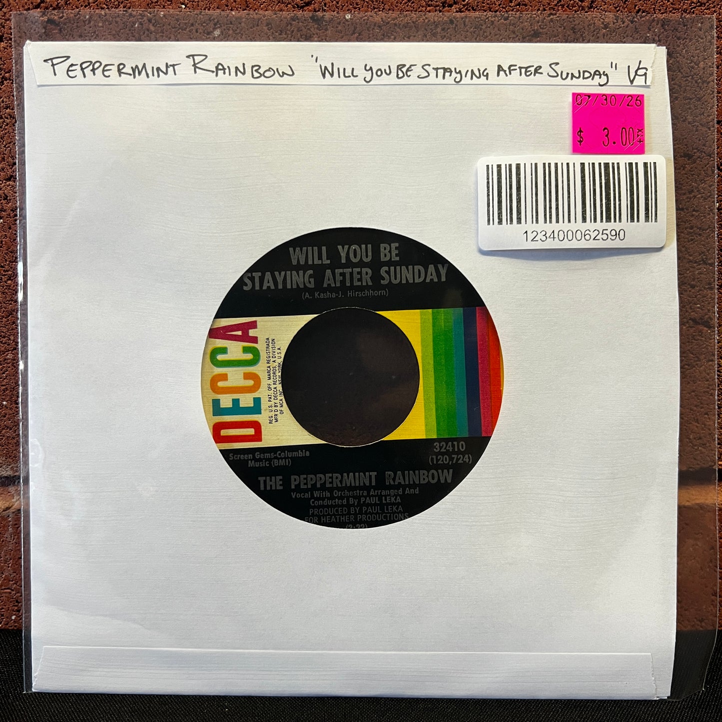 Used Vinyl: Peppermint Rainbow "Will You be Staying After Sunday" 7"
