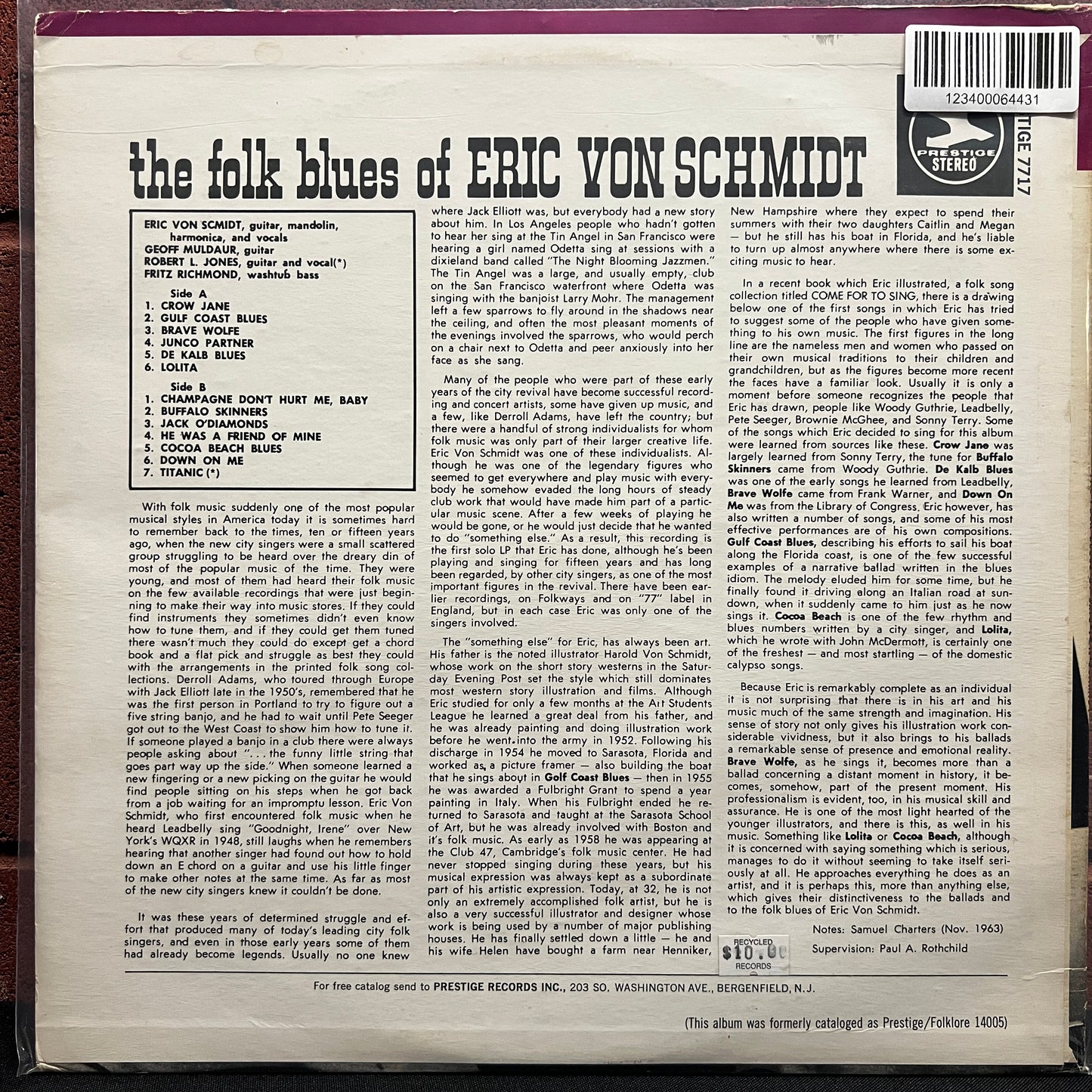 Used Vinyl: Eric Von Schmidt ‎"The Folk Blues Of Eric Von Schmidt" LP (1969 Press)