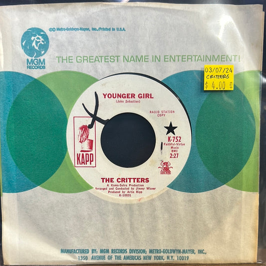 Used Vinyl:  The Critters ”Younger Girl / Gone For Awhile” 7" (Promo)