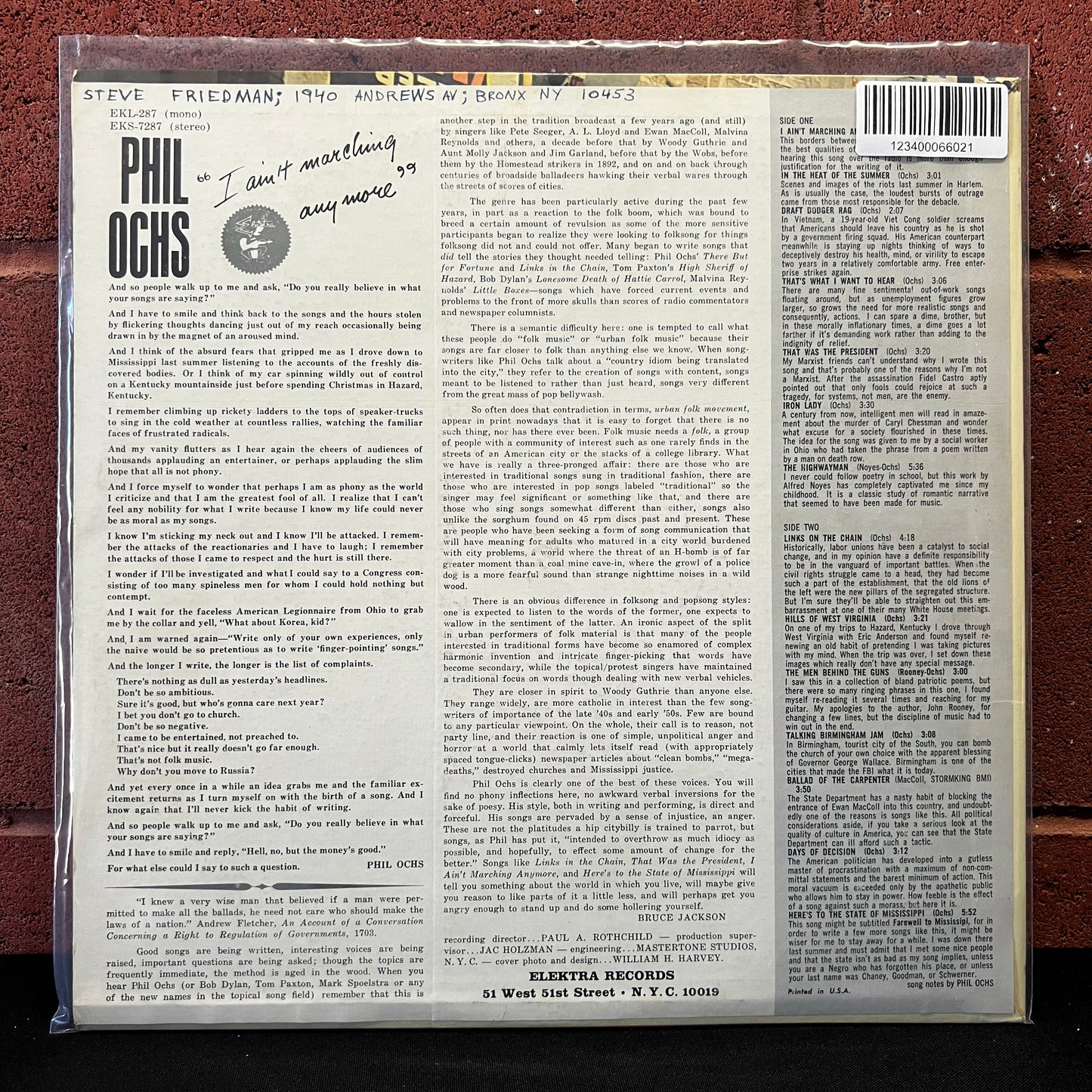 Used Vinyl: Phil Ochs ‎"I Ain't Marching Anymore" LP (1965 Mono Press)