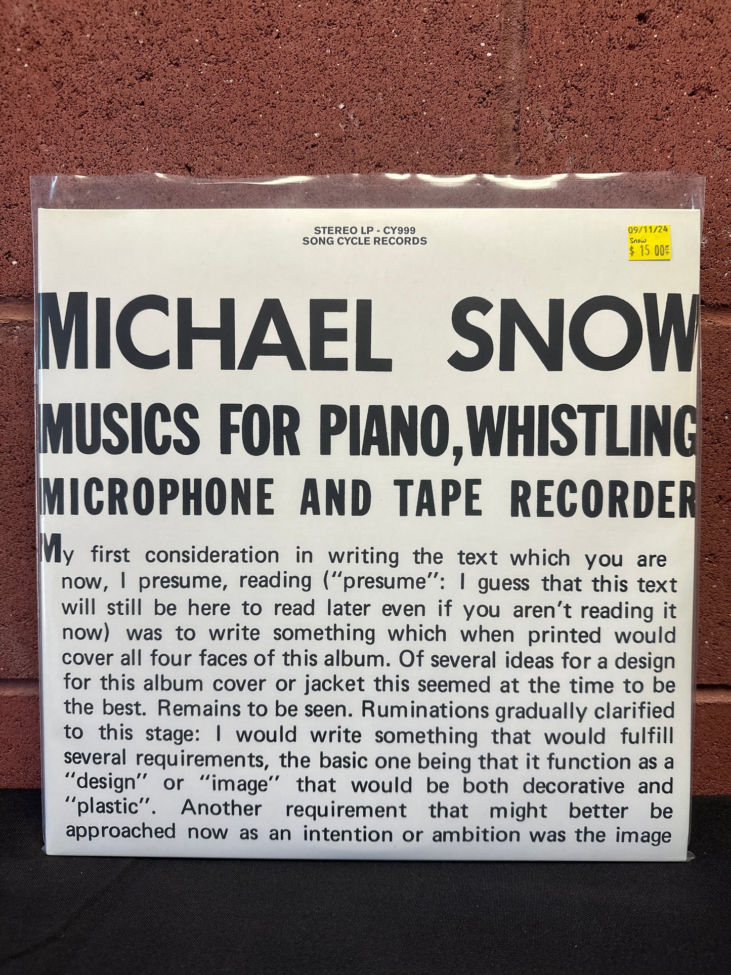 Used Vinyl:  Michael Snow ”Musics For Piano, Whistling, Microphone And Tape Recorder” 2xLP