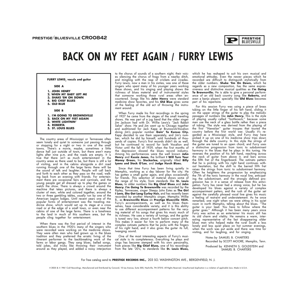 Furry Lewis "Back On My Feet Again (Bluesville Acoustic Sounds Series)" LP (180 gram Vinyl)