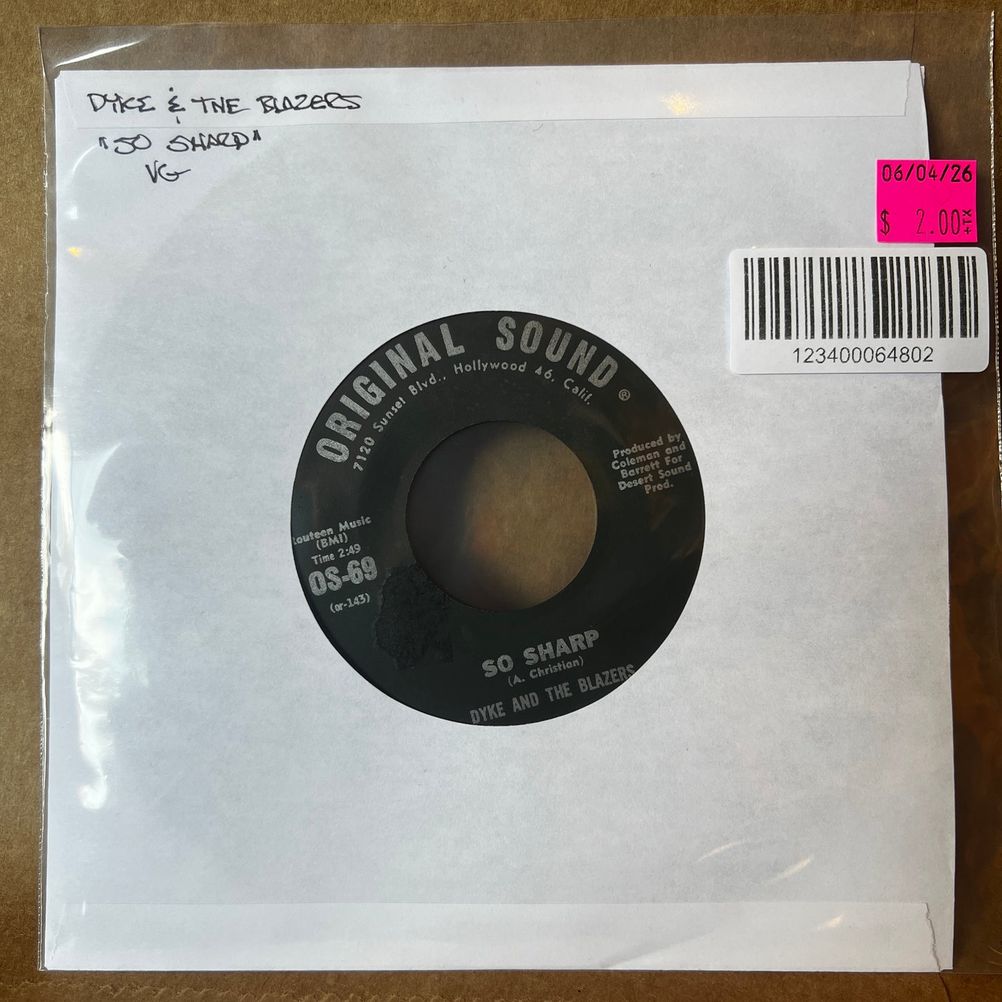 Used Vinyl: Dyke And The Blazers "So Sharp / Don't Bug Me" 7" (1967 Press)