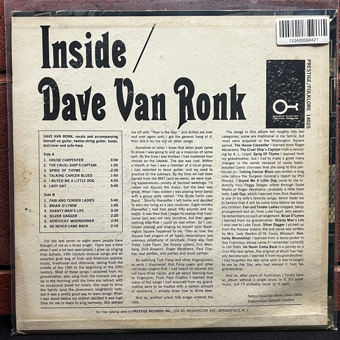 Used Vinyl: Dave Van Ronk ‎"Inside" LP (1964 Press)
