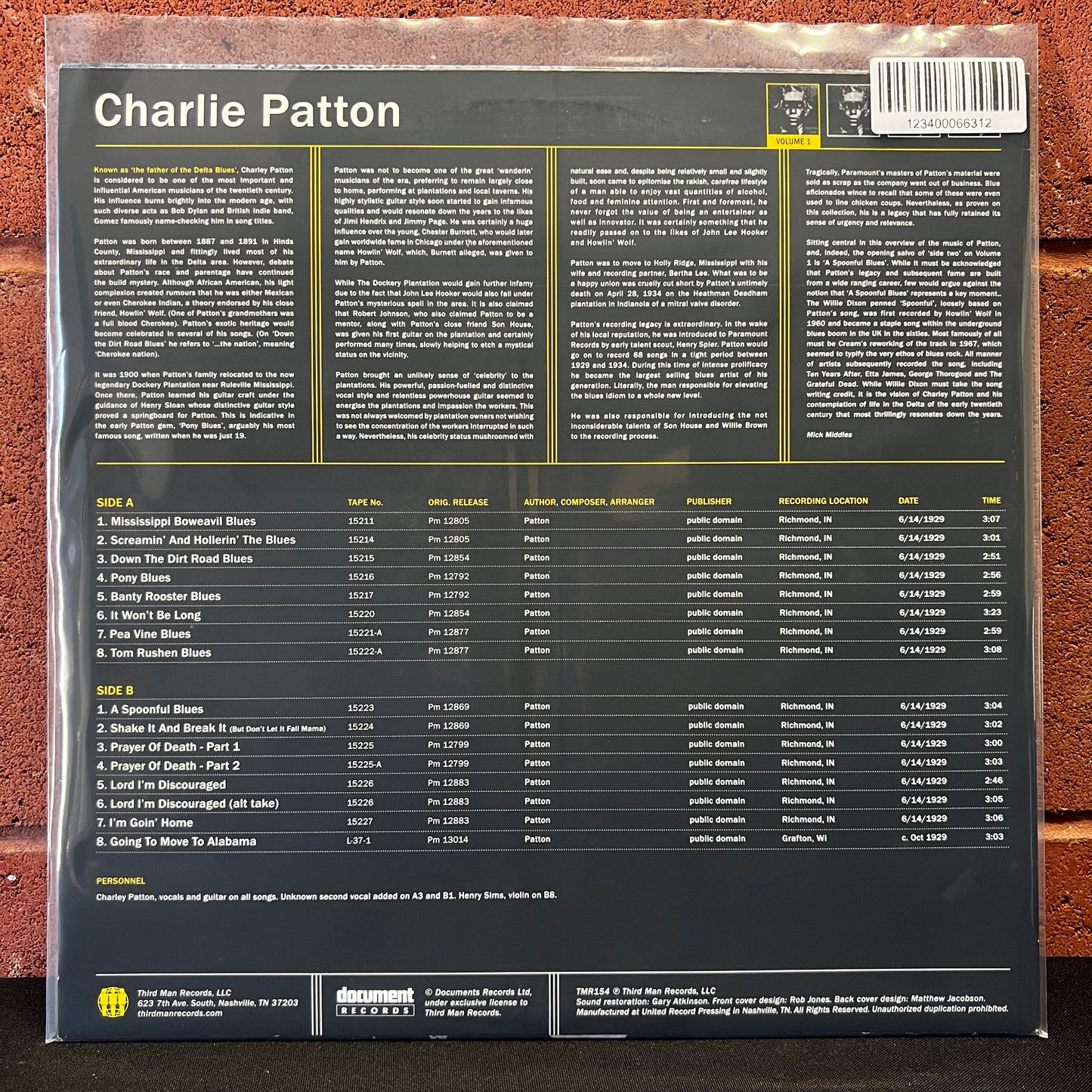 Used Vinyl: Charley Patton "Volume 1 (Complete Recorded Works In Chronological Order June 14, 1929 To Late November / Early December 1929)" LP (2013 Press)