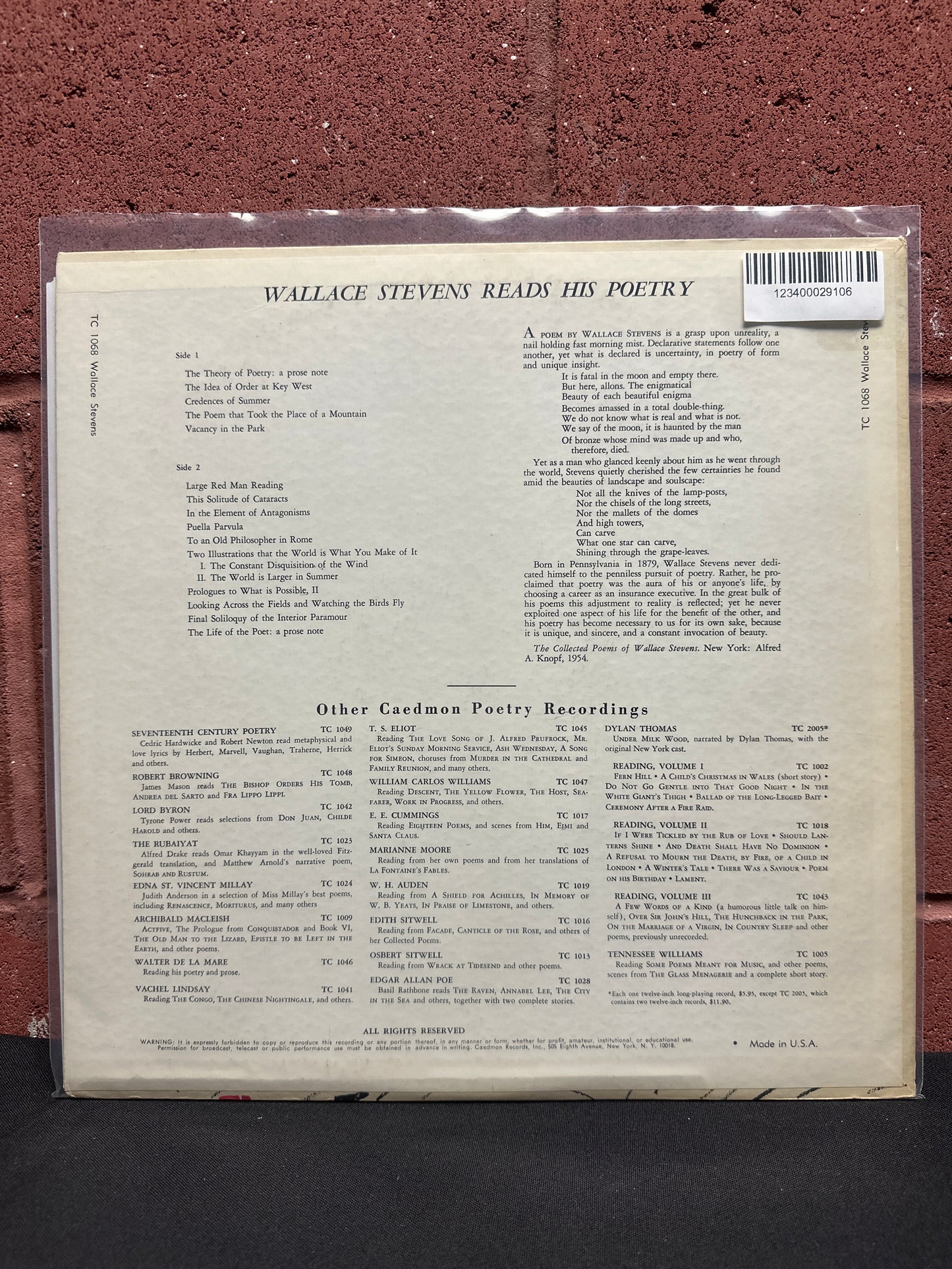 Used Vinyl:  Wallace Stevens ”Reading His Poems” LP