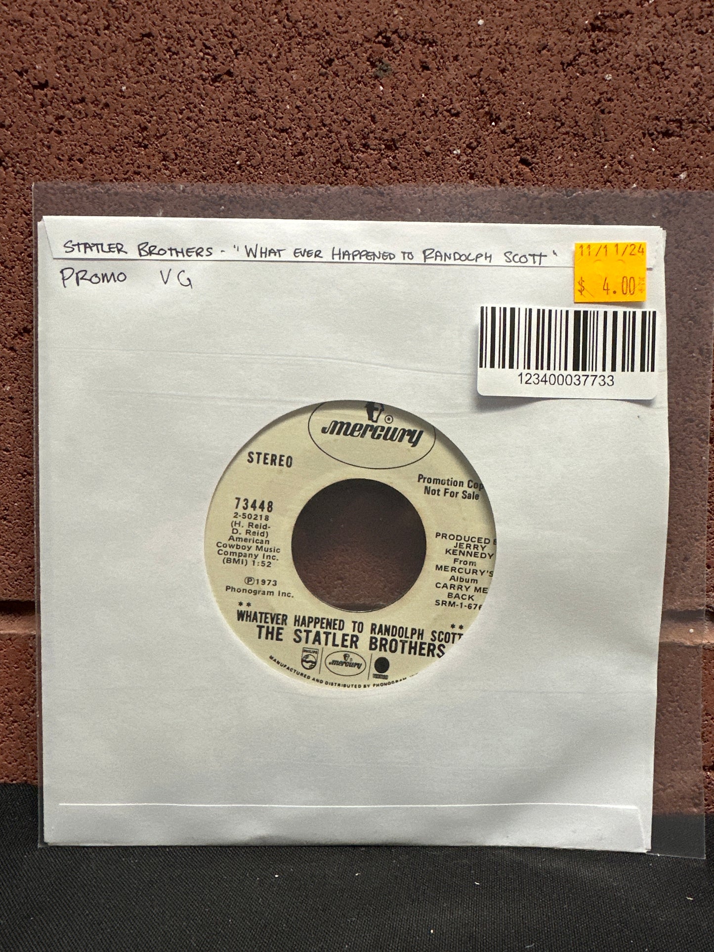 Used Vinyl:  The Statler Brothers ”Whatever Happened To Randolph Scott / The Strand” 7" (Promo)