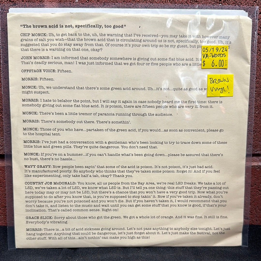 Used Vinyl:  Various ”Woodstock 50: "The Brown Acid Is Not, Specifically, Too Good" / "Get Down Off That Tower"” 7" (Promo, brown vinyl)