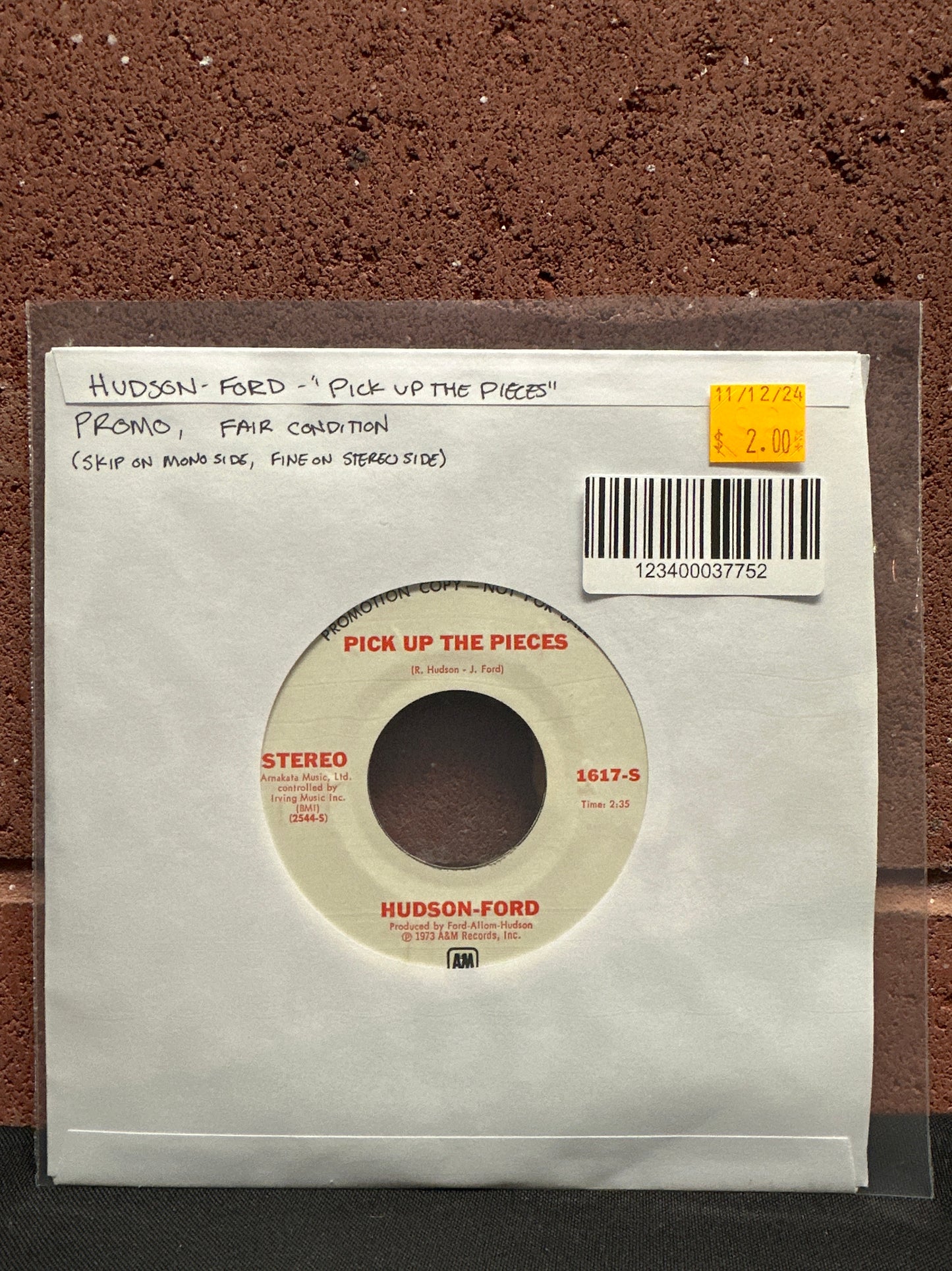 Used Vinyl:  Hudson-Ford ”Pick Up The Pieces” 7" (Promo)