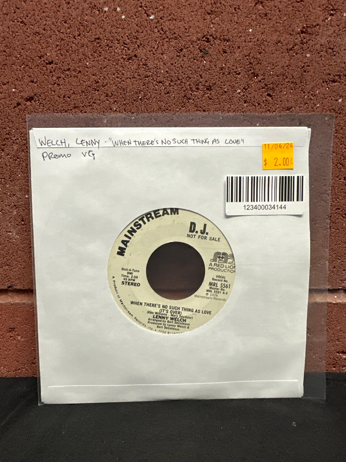 Used Vinyl:  Lenny Welch ”When There's No Such Thing As Love (It's Over)” 7" (Promo)