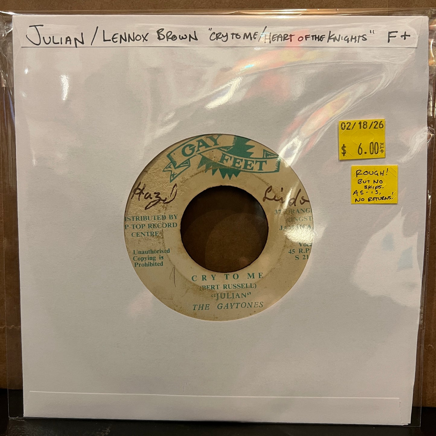 Used Vinyl: Julian / Lennox Brown "Cry To Me / Heart Of The Knights" 7" (1971 Jamaican pressing)