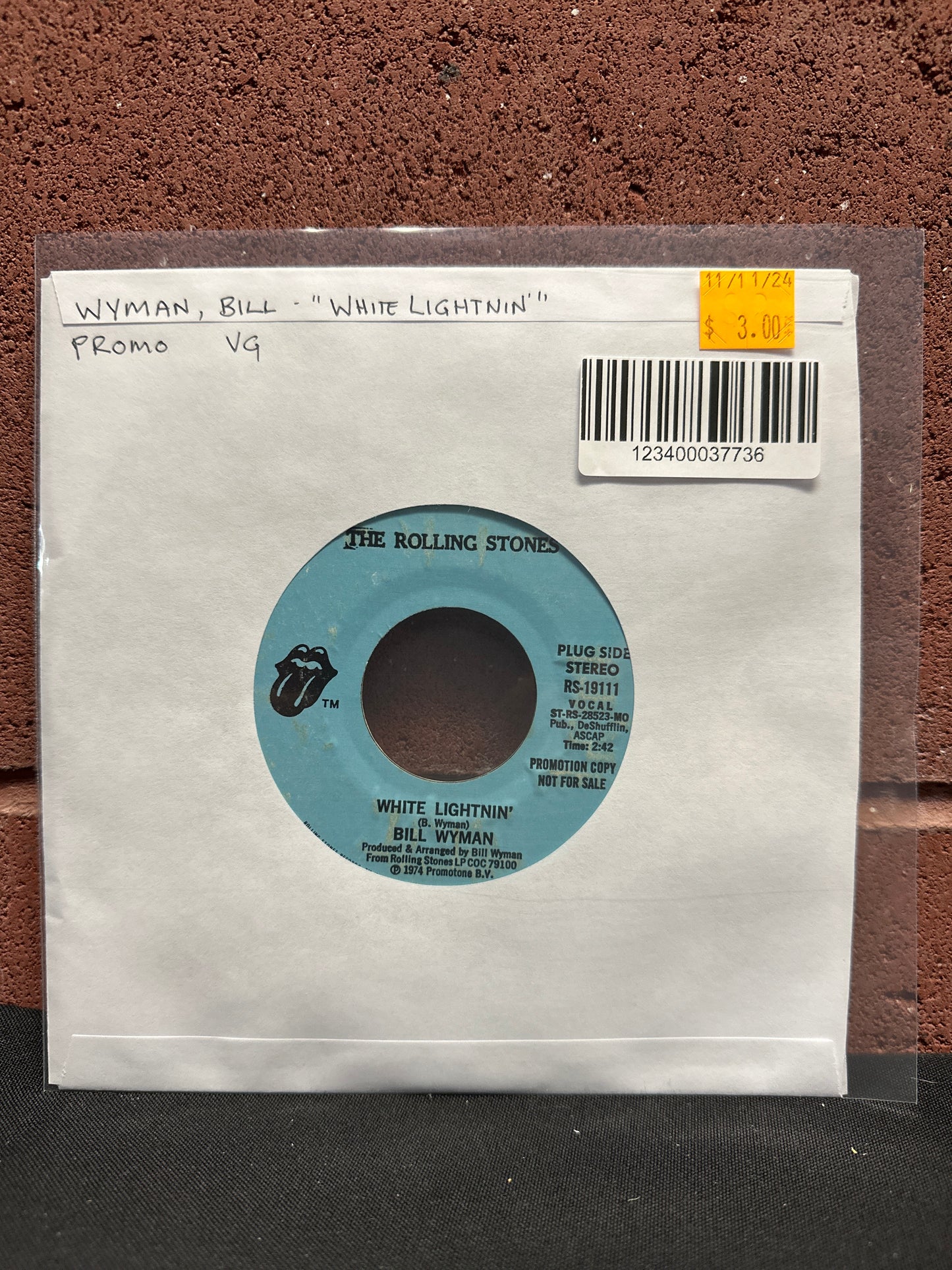 Used Vinyl:  Bill Wyman ”White Lightnin'” 7" (Promo)