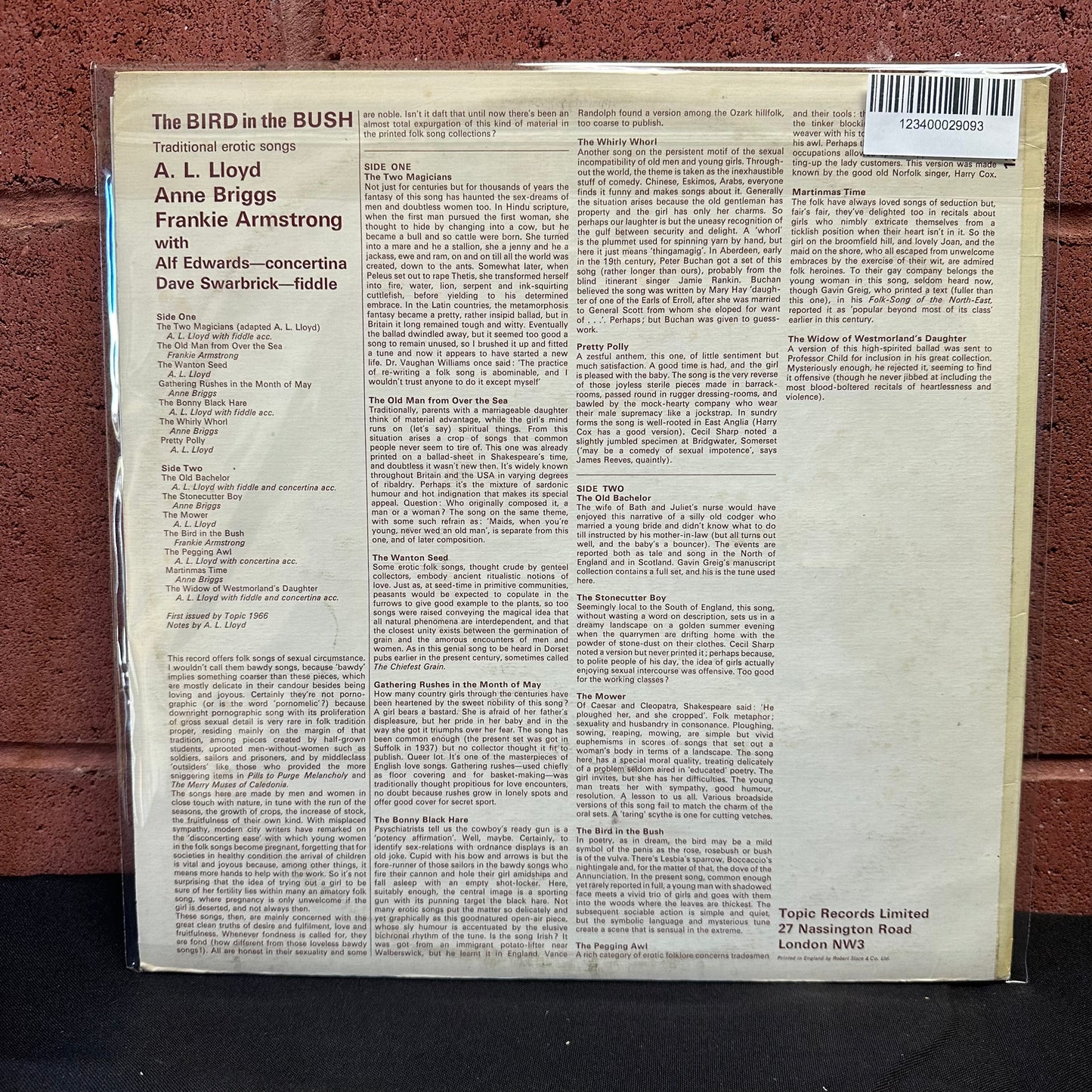 Used Vinyl:  A. L. Lloyd, Anne Briggs, Frankie Armstrong with Alf Edwards and Dave Swarbrick ”The Bird In The Bush (Traditional Erotic Songs)” LP