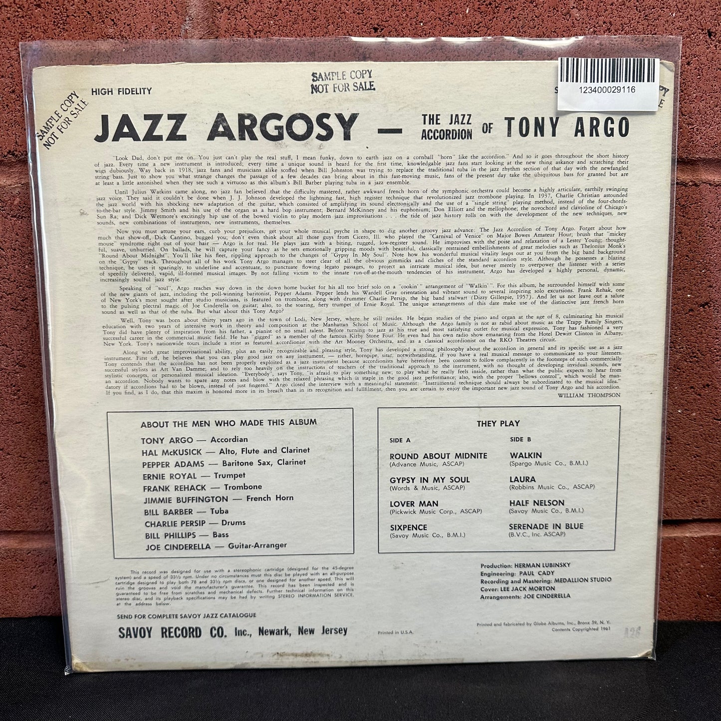 Used Vinyl:  Tony Argo ”Jazz Argosy - The Jazz Accordion Of Tony Argo” LP