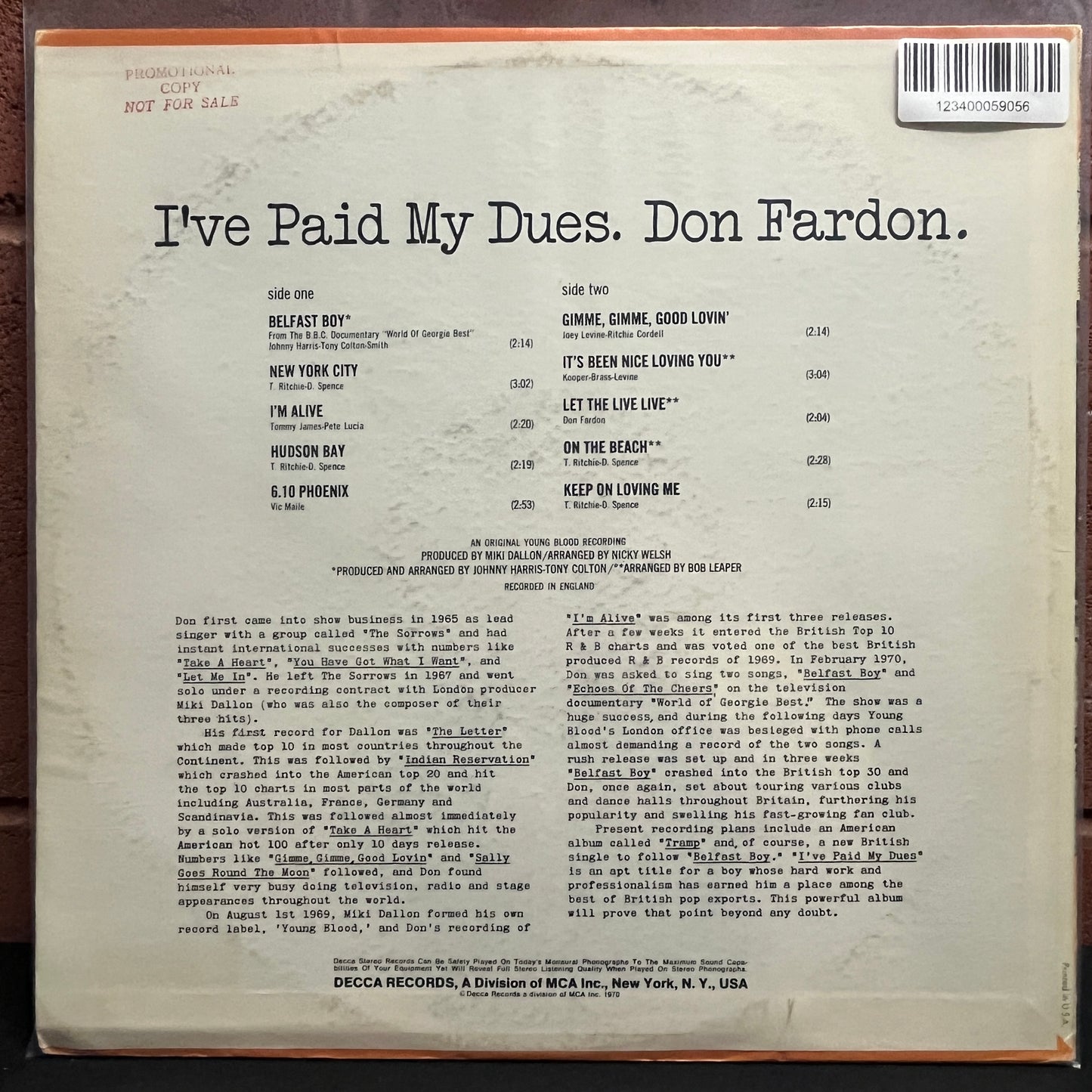 Used Vinyl: Don Fardon "I've Paid My Dues" LP (1970 Press)