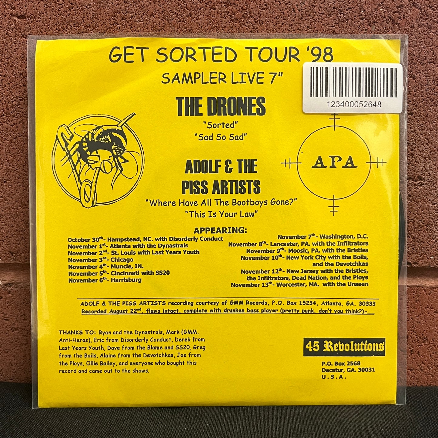 Used Vinyl: The Drones / Adolf & The Piss Artists "Get Sorted Tour '98" 7"