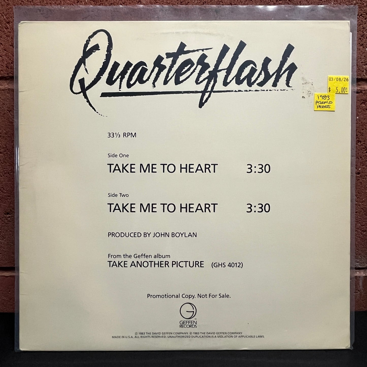 Used Vinyl: Quarterflash "Take Me To Heart" 12" (1983 Promo Press)