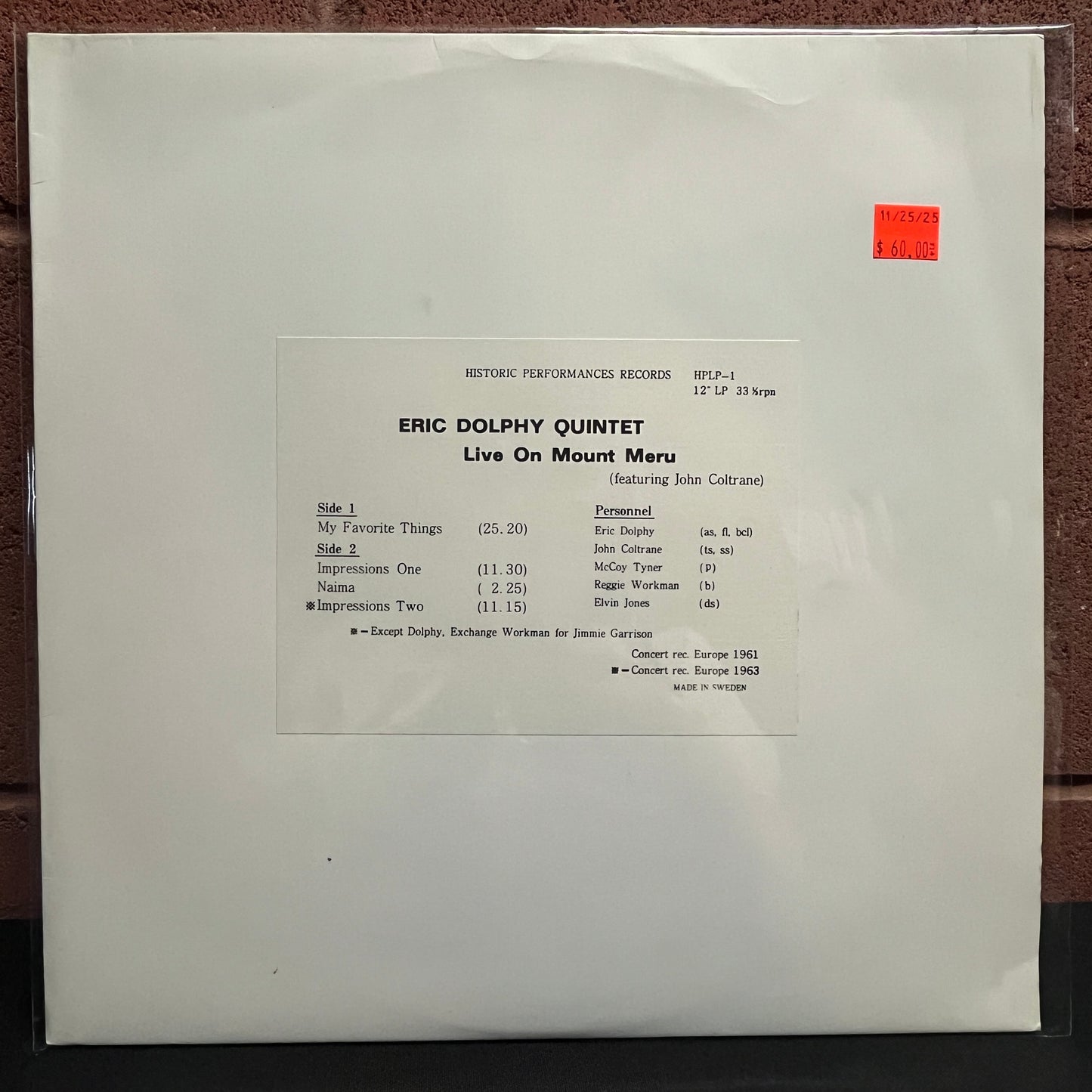 Used Vinyl: Eric Dolphy Quintet w/ John Coltrane "Live On Mount Meru" LP (Swedish Press)